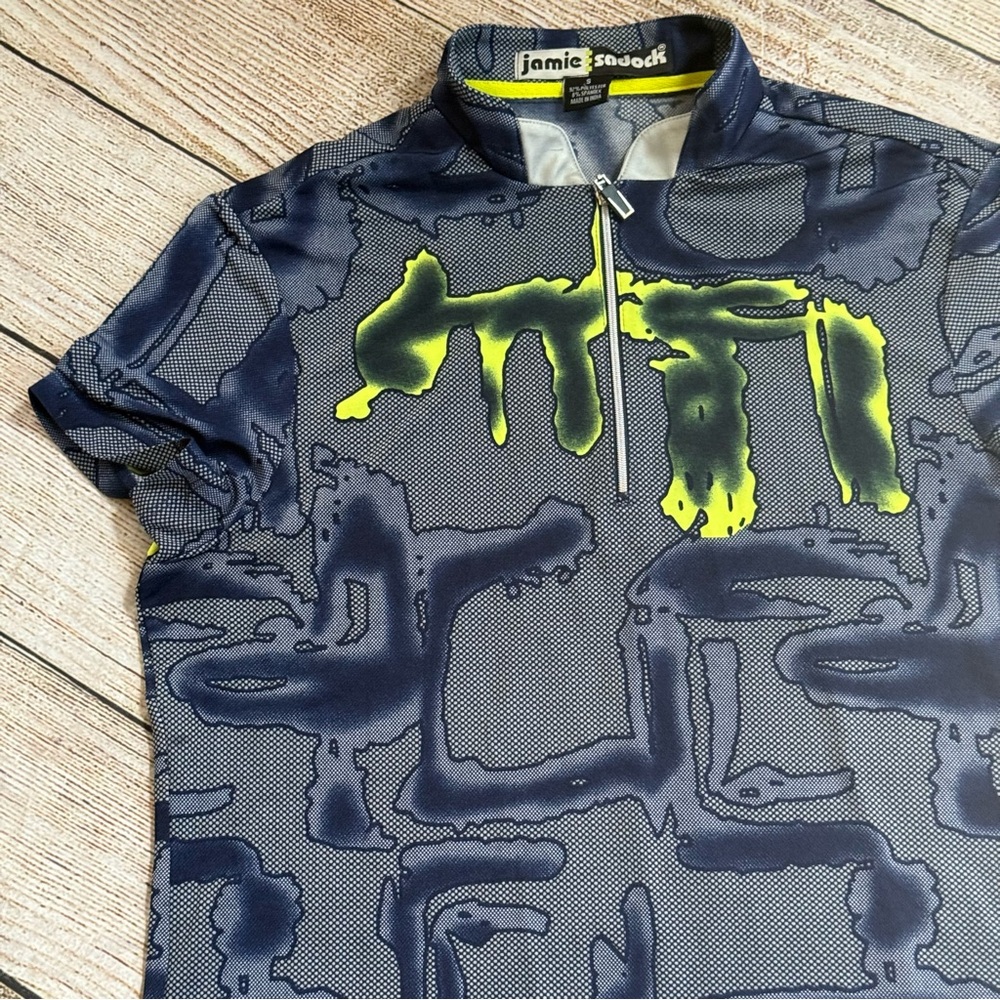 Jamie Sadock size small blue neon yellow patterned polo short sleeve shirt - Picture 2 of 13